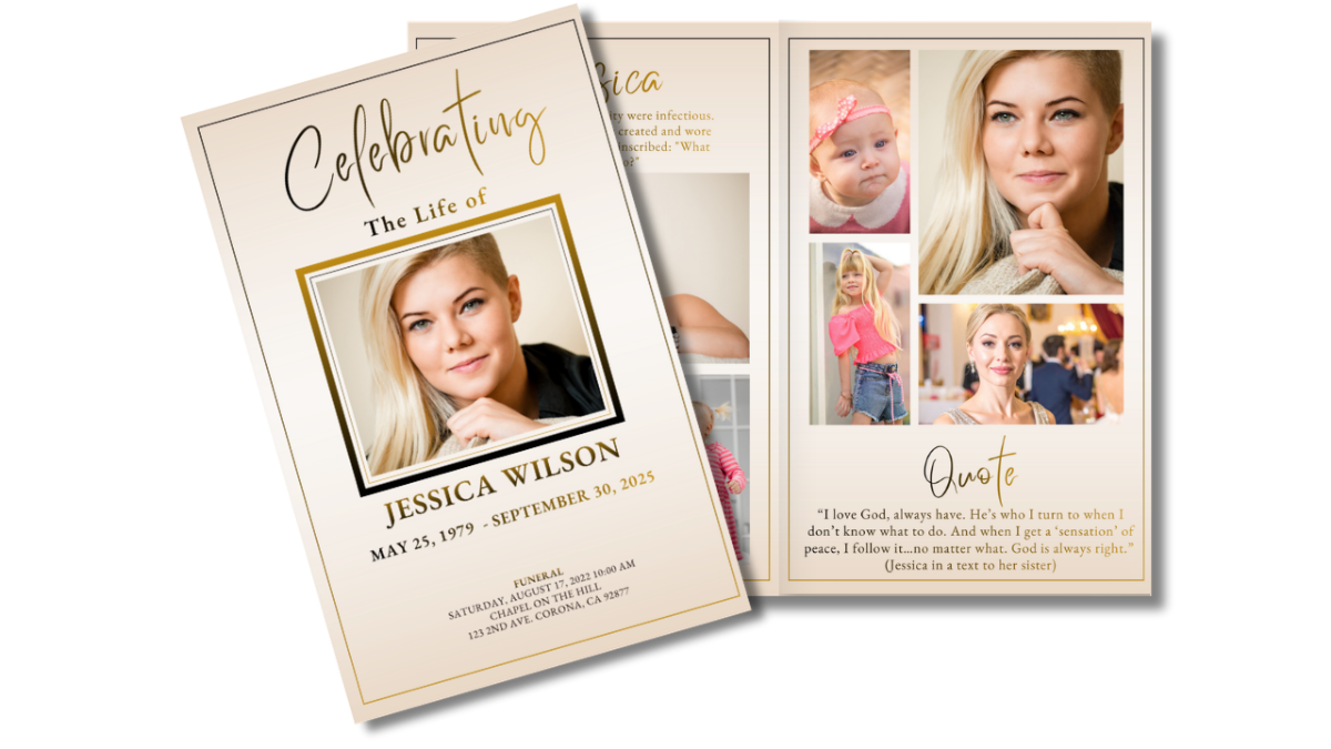 Front cover shown beside open interior pages, illustrating the cohesive minimalist memorial design across obituary, tribute, poem, and collage spreads.
