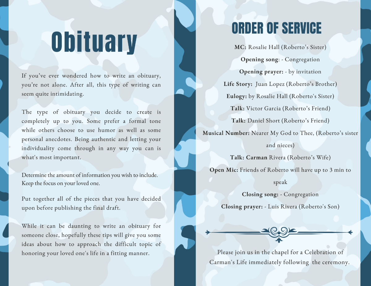 Obituary and order of service pages in navy blue and gray camouflage layout.