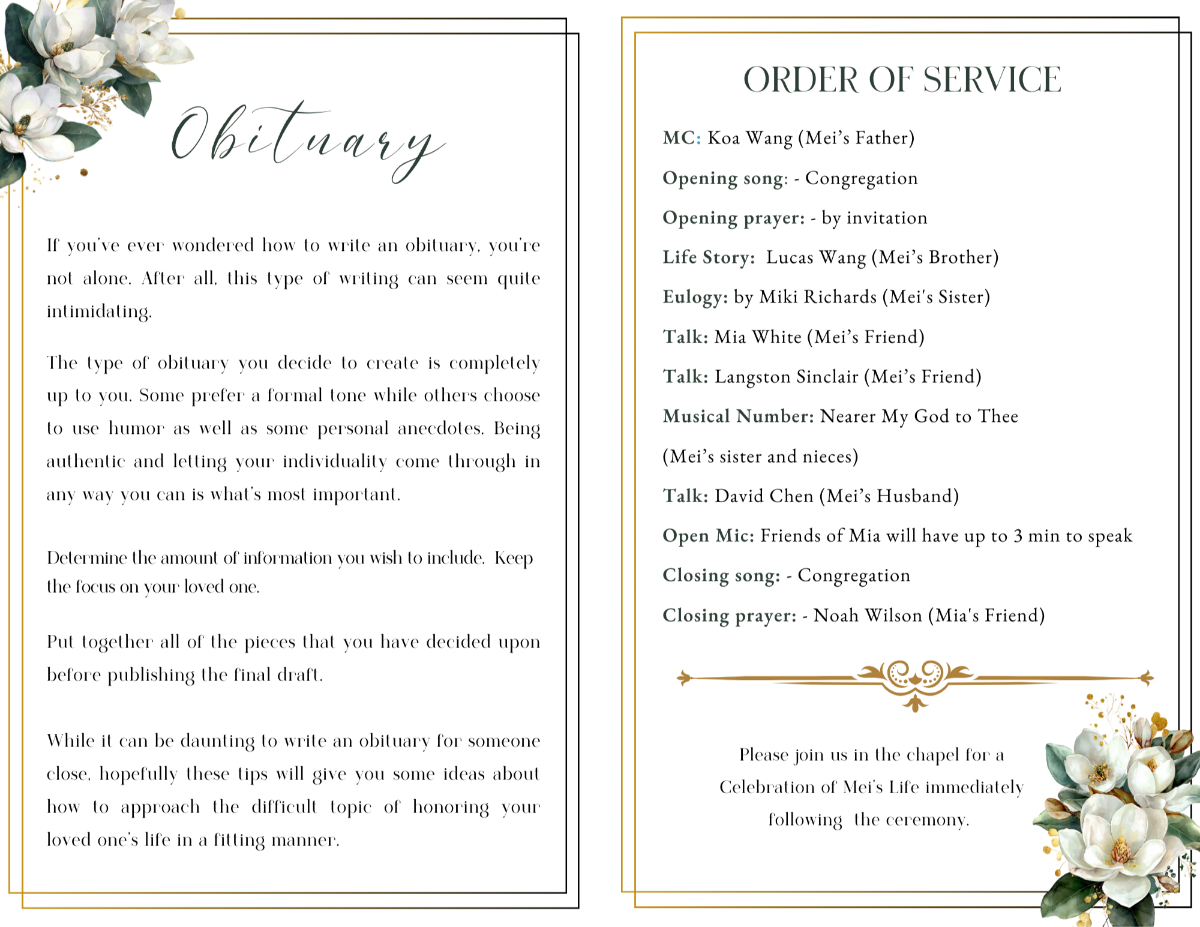 Obituary and Order of Service pages featuring elegant script headings, soft ivory backgrounds, and magnolia floral accents framing structured service details.