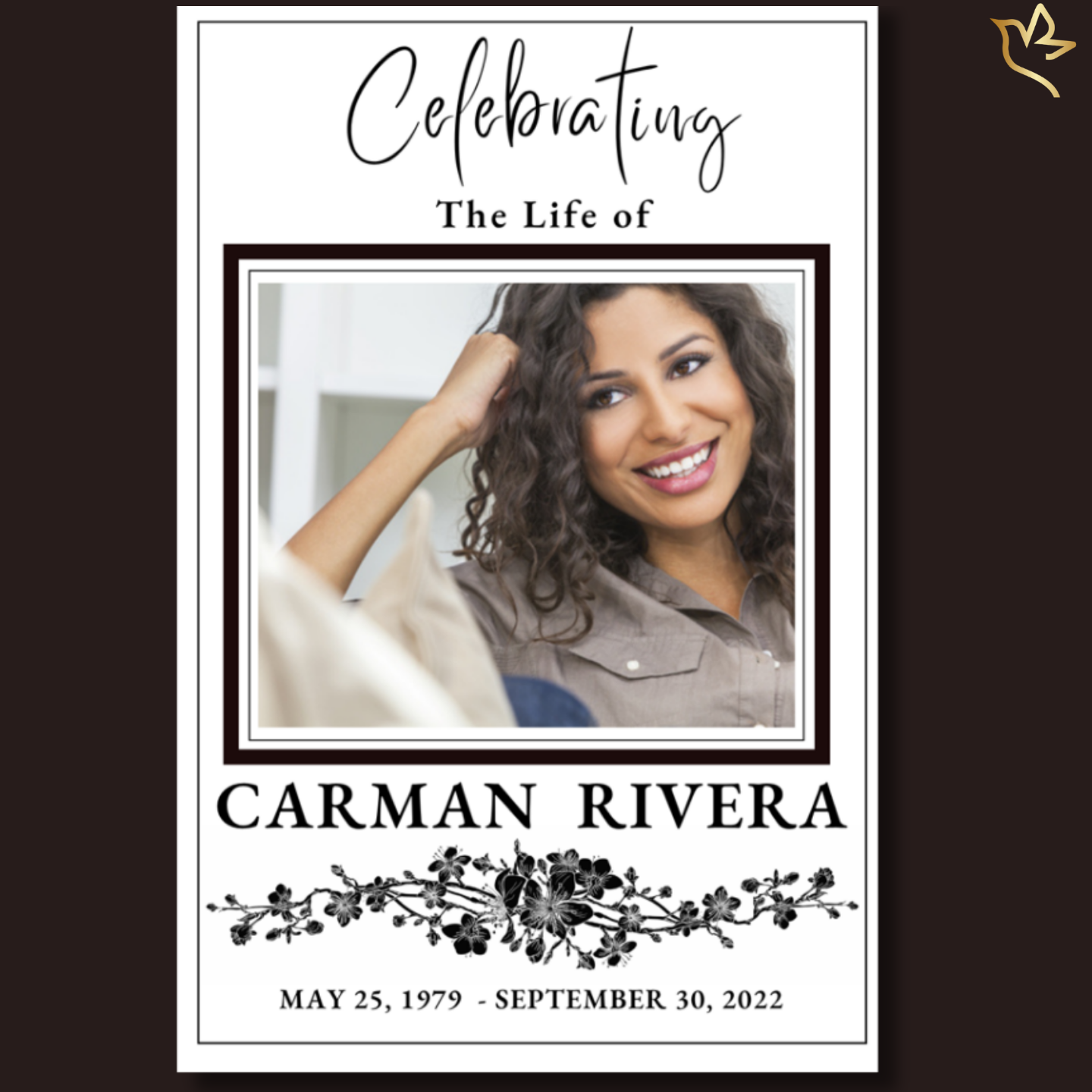 Simply Stunning women's funeral program template featuring an elegant black-and-white design, graceful script typography, framed portrait layout, and timeless memorial styling for celebrating the life of a beloved mother, wife, grandmother, sister, daughter, or friend.