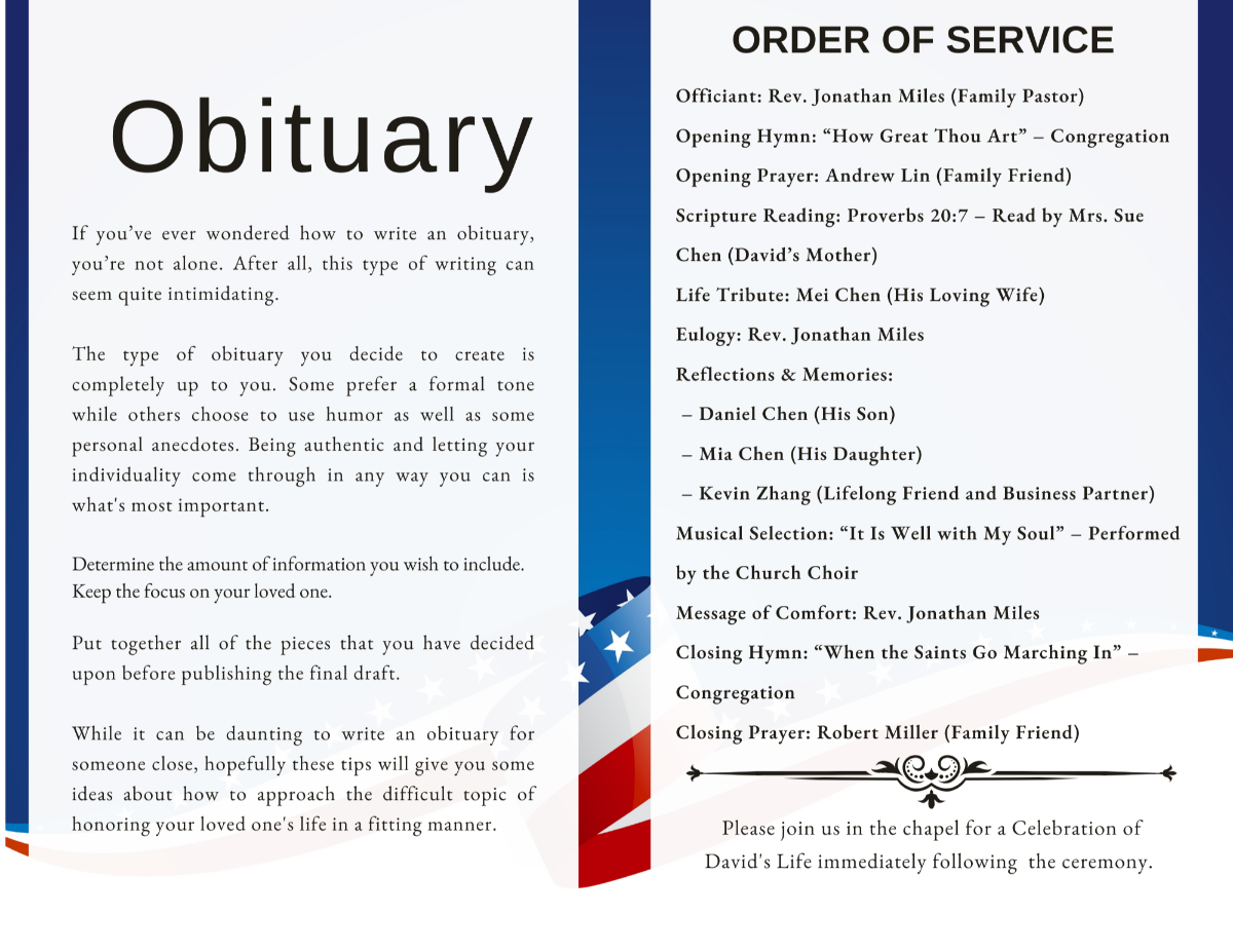 Obituary and order of service pages featuring patriotic star-and-stripe accents.