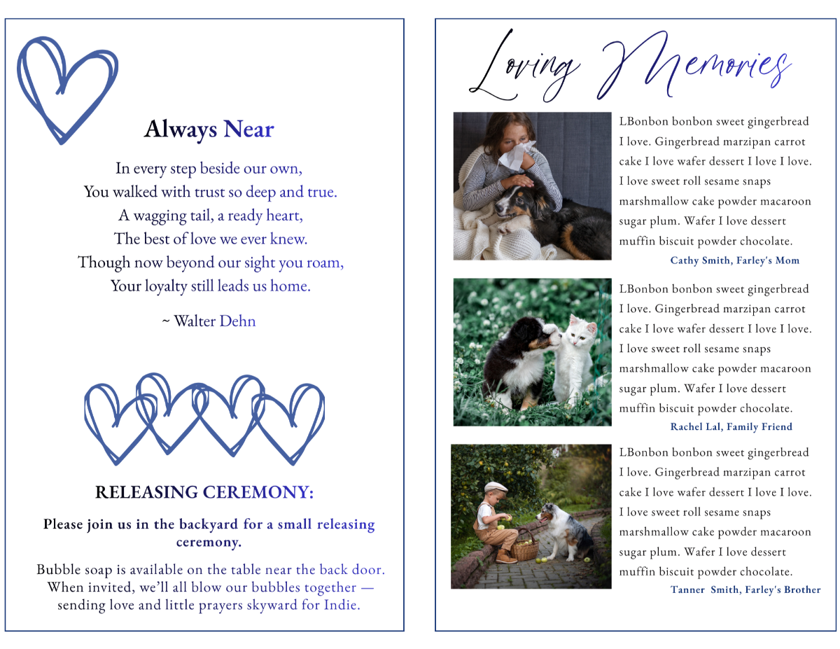Poem and memorial pages featuring soft neutral tones, calming blue accents, and heartfelt typography for sharing loving reflections.