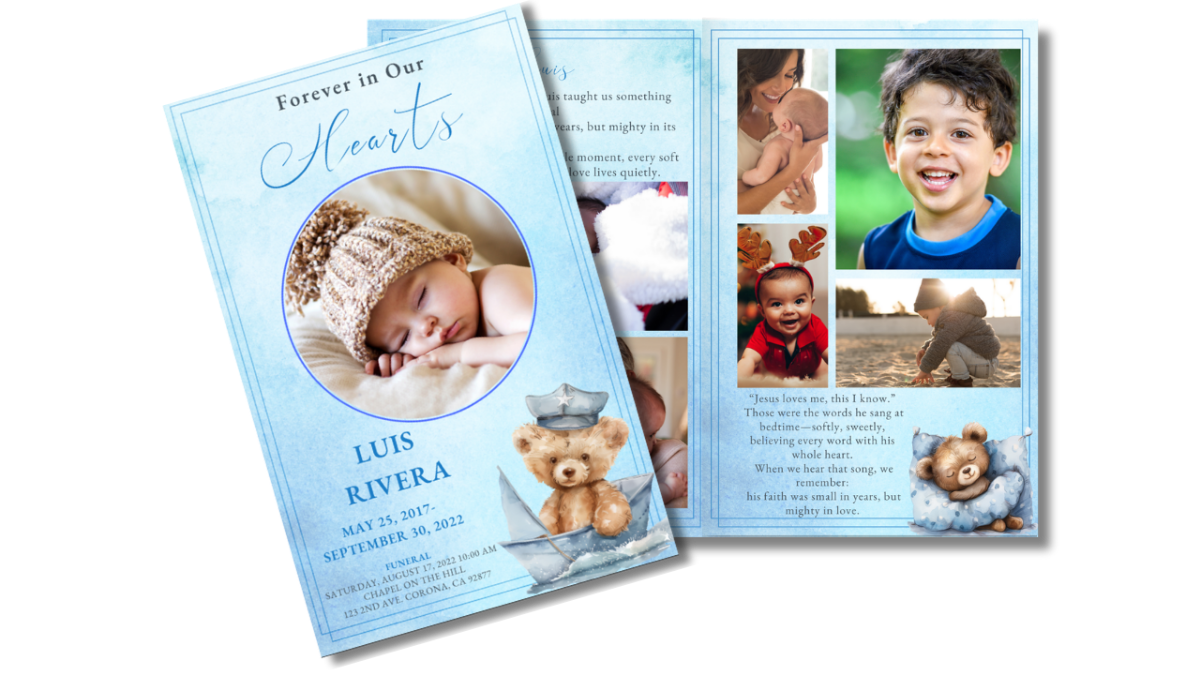 Program open cover layout showing thank-you page and memorial poem with watercolor teddy bear illustrations, funeral details section, and soft blue background.