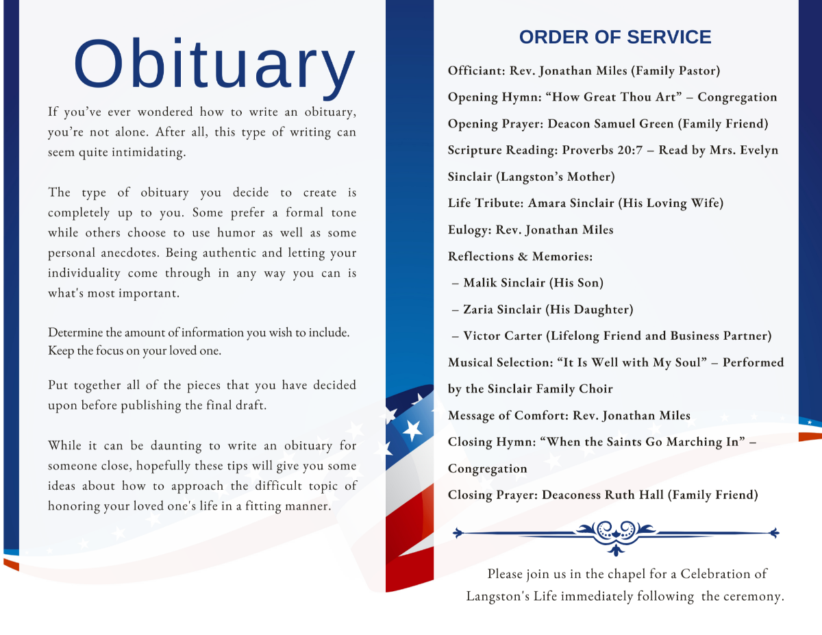 Interior pages displaying obituary text and order of service layout surrounded by star-patterned edges and bold Marine colors.