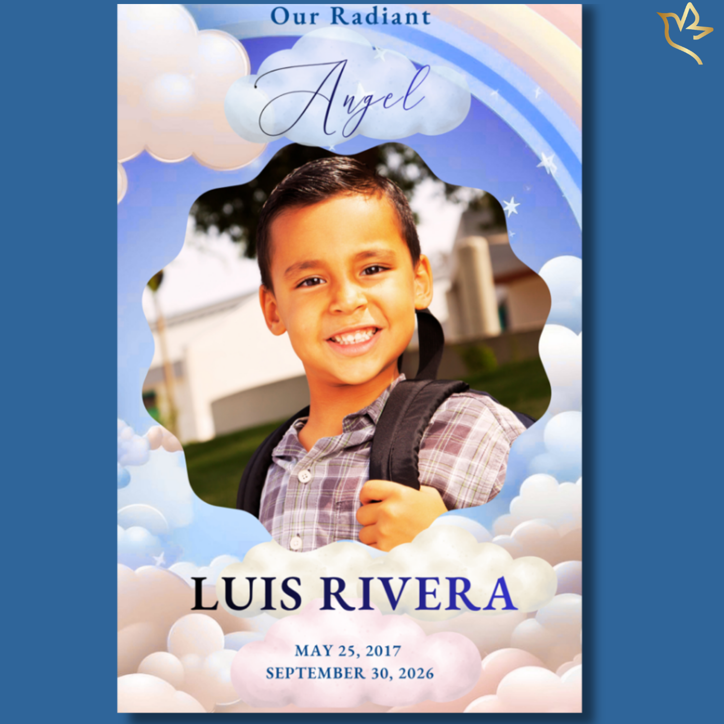 Whimsical children’s memorial program cover featuring soft clouds, a gentle rainbow, sparkling stars, and a smiling child framed in heavenly sky-inspired artwork designed to celebrate the life of a cherished little angel.