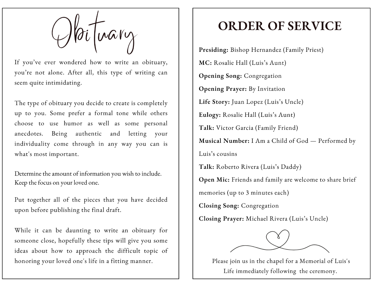 Sweetly Simple obituary and order of service pages featuring a clean black-and-white layout for sharing a child's life story, memorial service details, readings, music selections, and remembrance information.