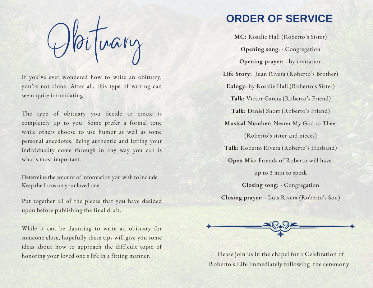Two-page spread with obituary content and order of service, styled with soft natural backgrounds and clean, easy-to-read formatting.