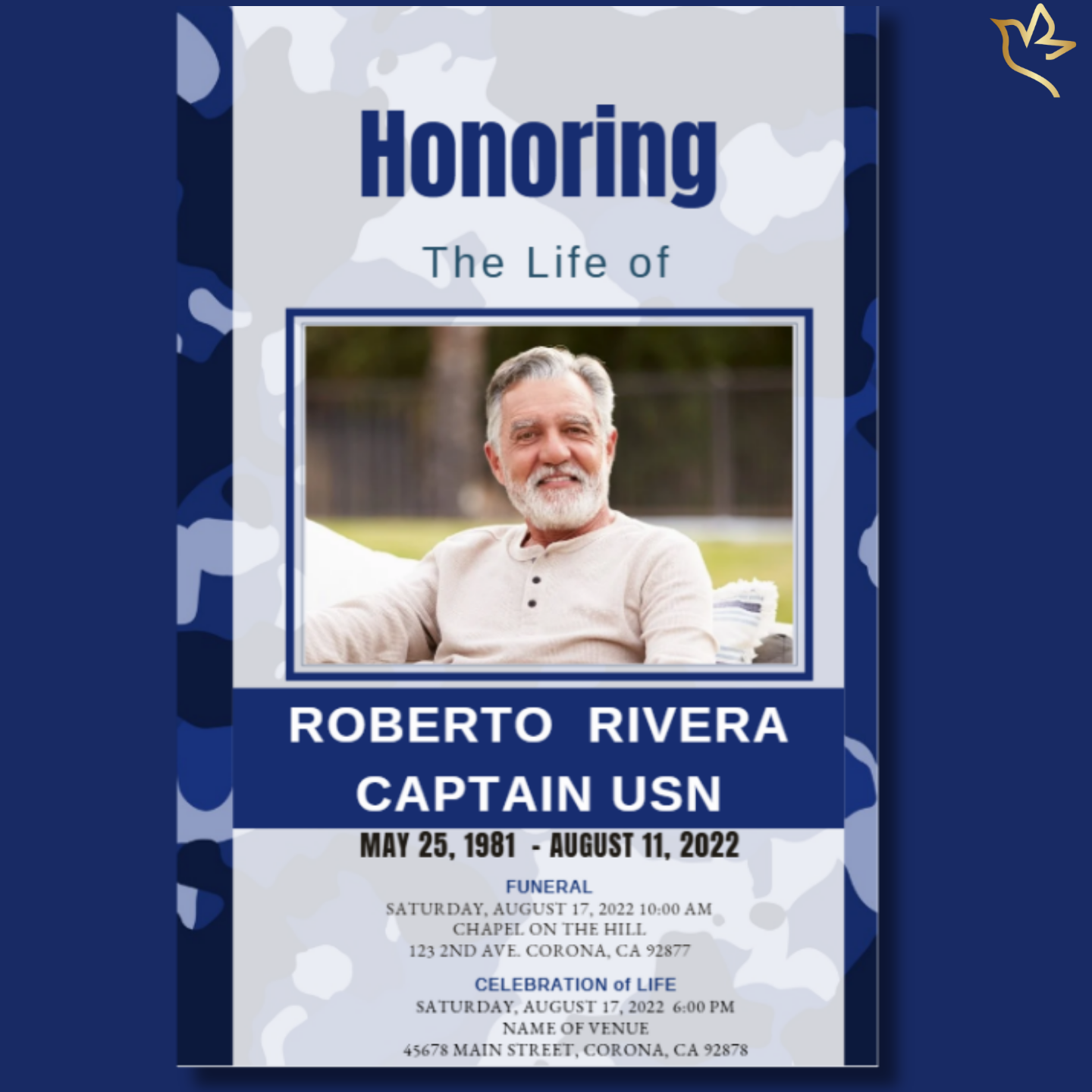 Front cover of Honored Veteran US Navy Funeral Program Template featuring smiling man with navy camouflage background.