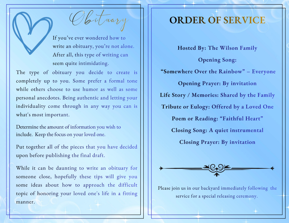 Obituary and order of service spread on a sky-blue background with soft heart illustration, elegant headings, and structured text sections for a dignified pet memorial service.