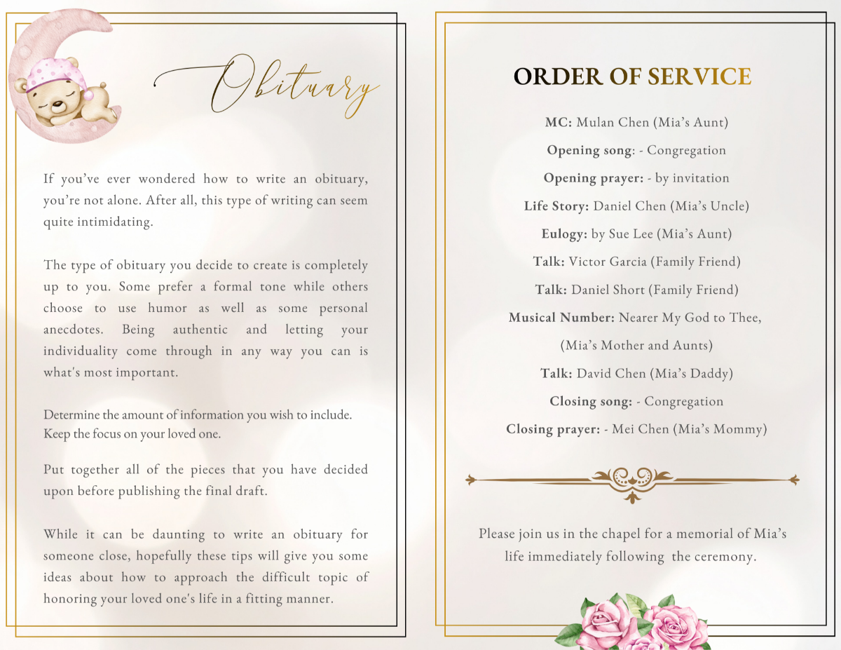 Order of service layout with clear text sections, gold decorative dividers, and soft neutral background designed for a dignified child memorial program.