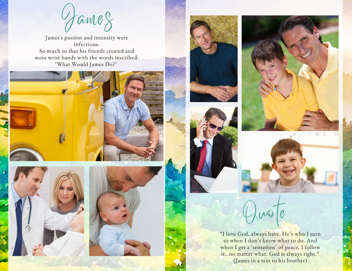 Photo collage pages from the Great Outdoors Mountains memorial program showing family moments and quote section.