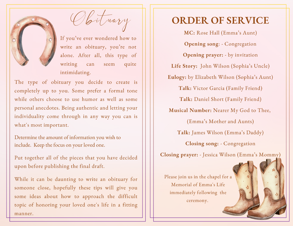 Obituary and order of service pages framed with gold borders and a watercolor horseshoe and cowboy boots illustration, providing structured sections for a dignified child memorial service.