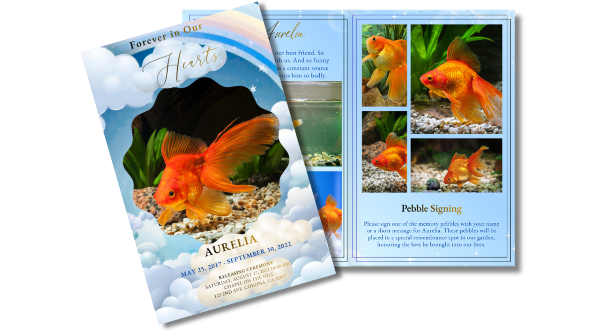 Front cover displayed beside interior pages, showing the cloud and rainbow aquatic theme coordinated across obituary, tribute, poem, and photo collage layouts.
