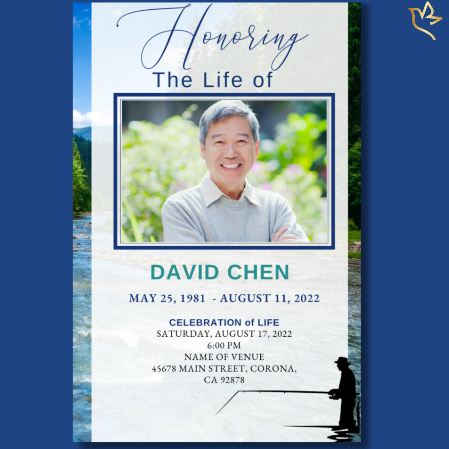 Fly Fishing memorial program cover with photo of man, lake background, and fishing silhouette