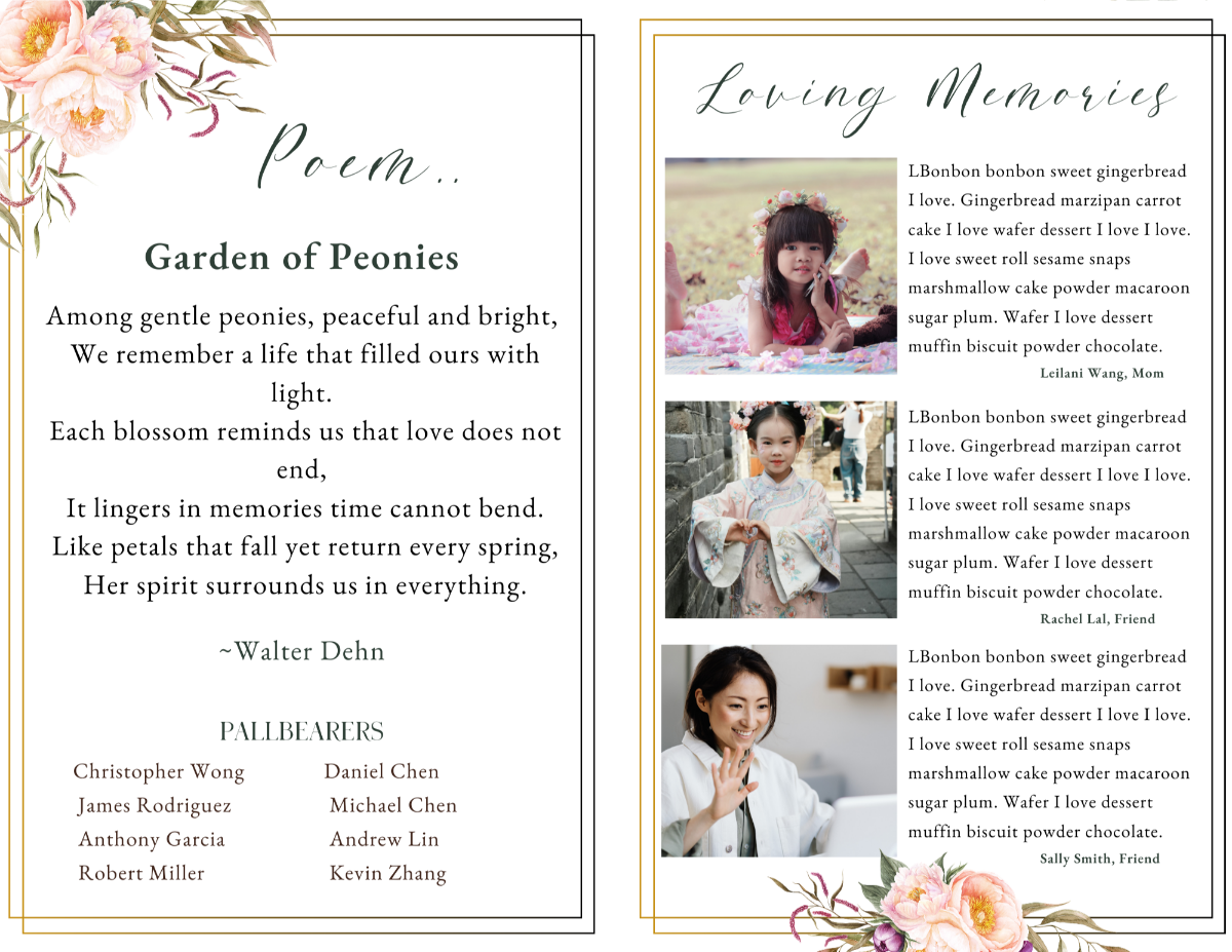 Poem and Loving Memories pages featuring the poem “Garden of Peonies” alongside tribute messages and portrait photography within delicate floral borders.