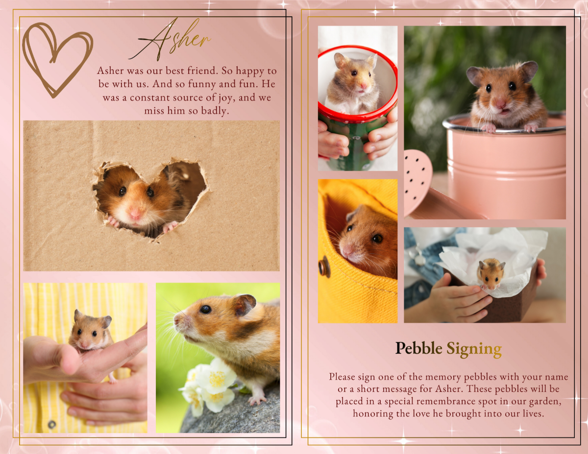 Personal tribute collage showing hamster photos in gentle pastel frames alongside memory signing section for guests to leave messages and remembrances.