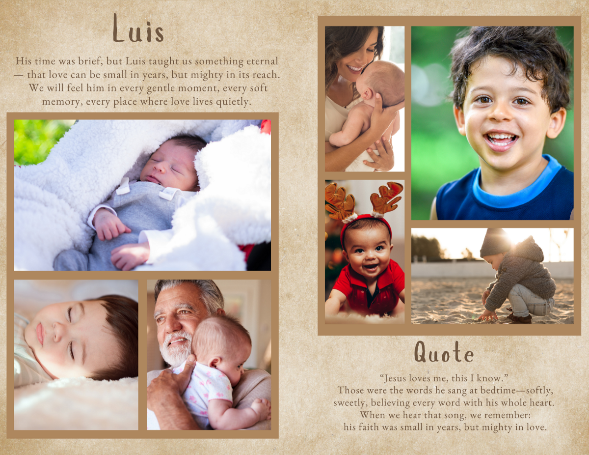 Photo gallery layout displaying multiple child and family images with coordinating brown borders and a quote section beneath.