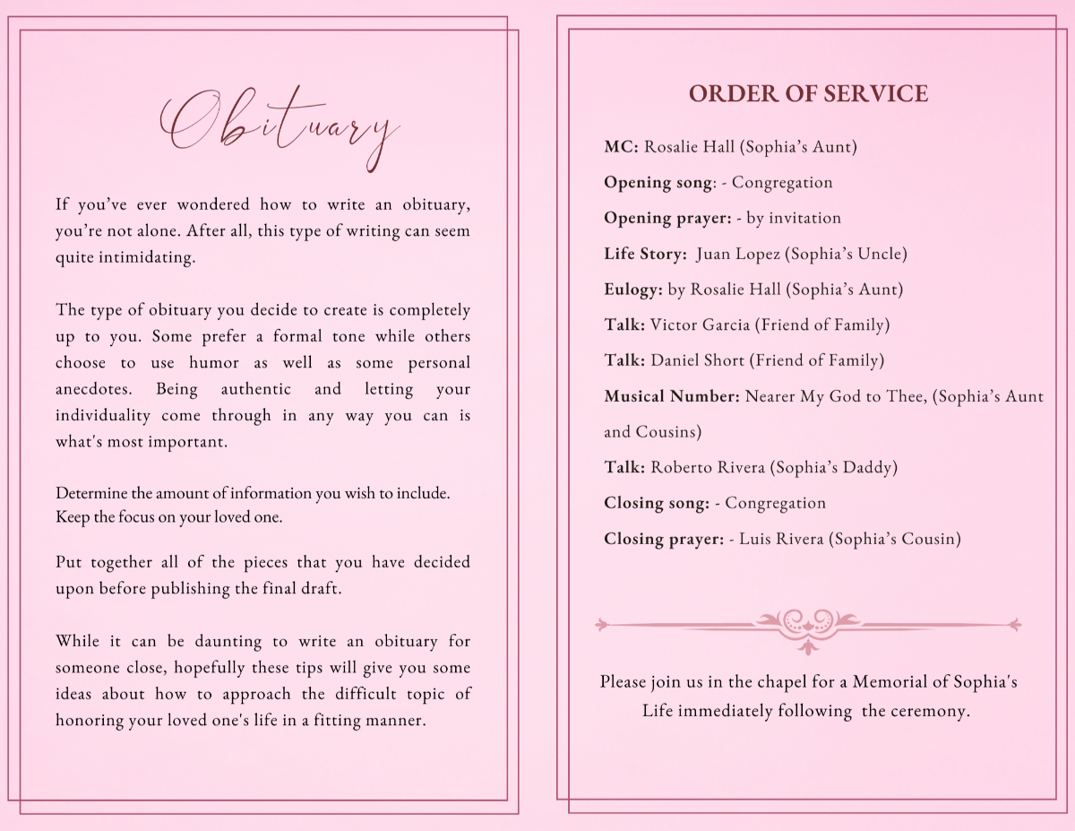 Obituary and order of service pages designed in soft blush tones with elegant borders and gentle child-friendly styling.