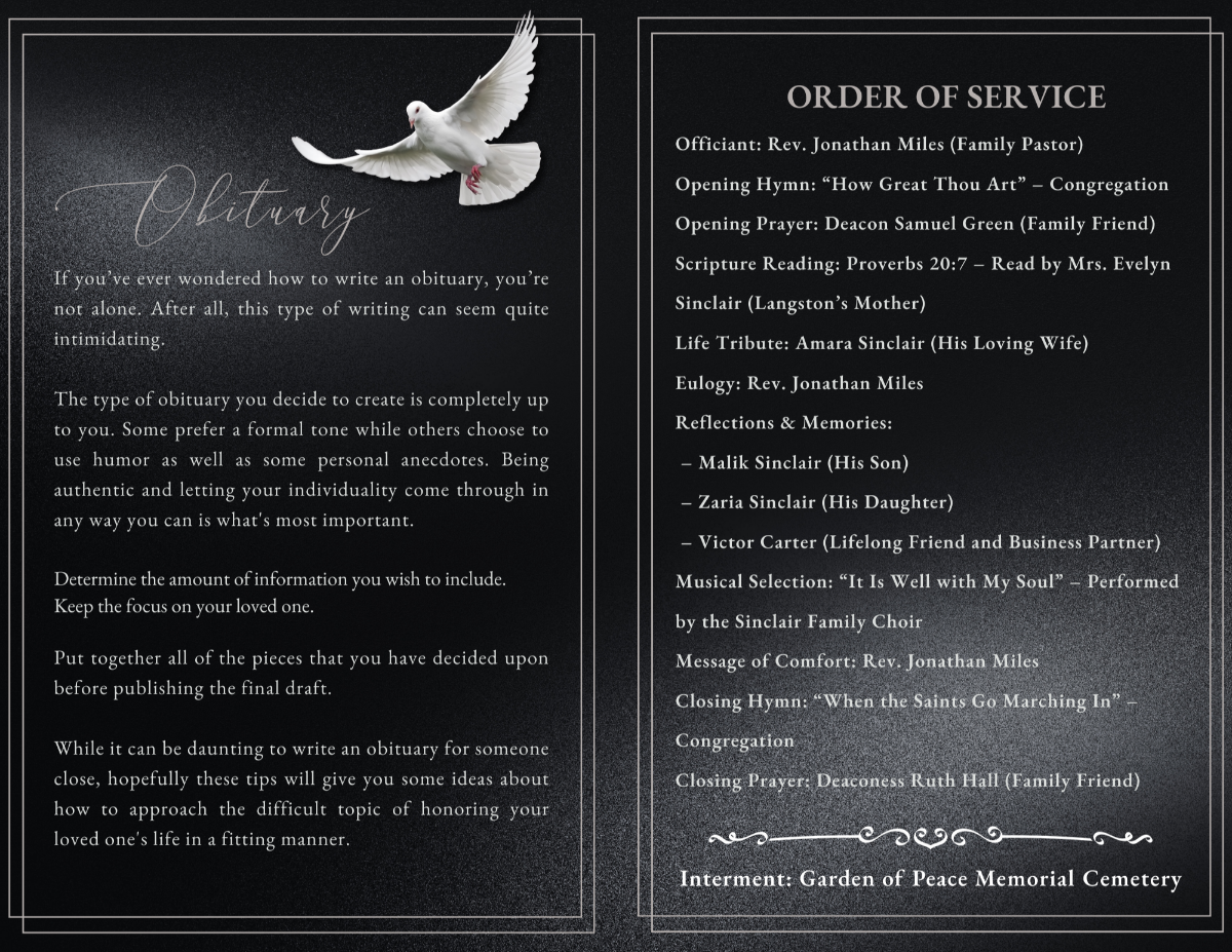 Two-page layout with dove illustration, obituary text on the left, and structured order of service on the right with silver accents.