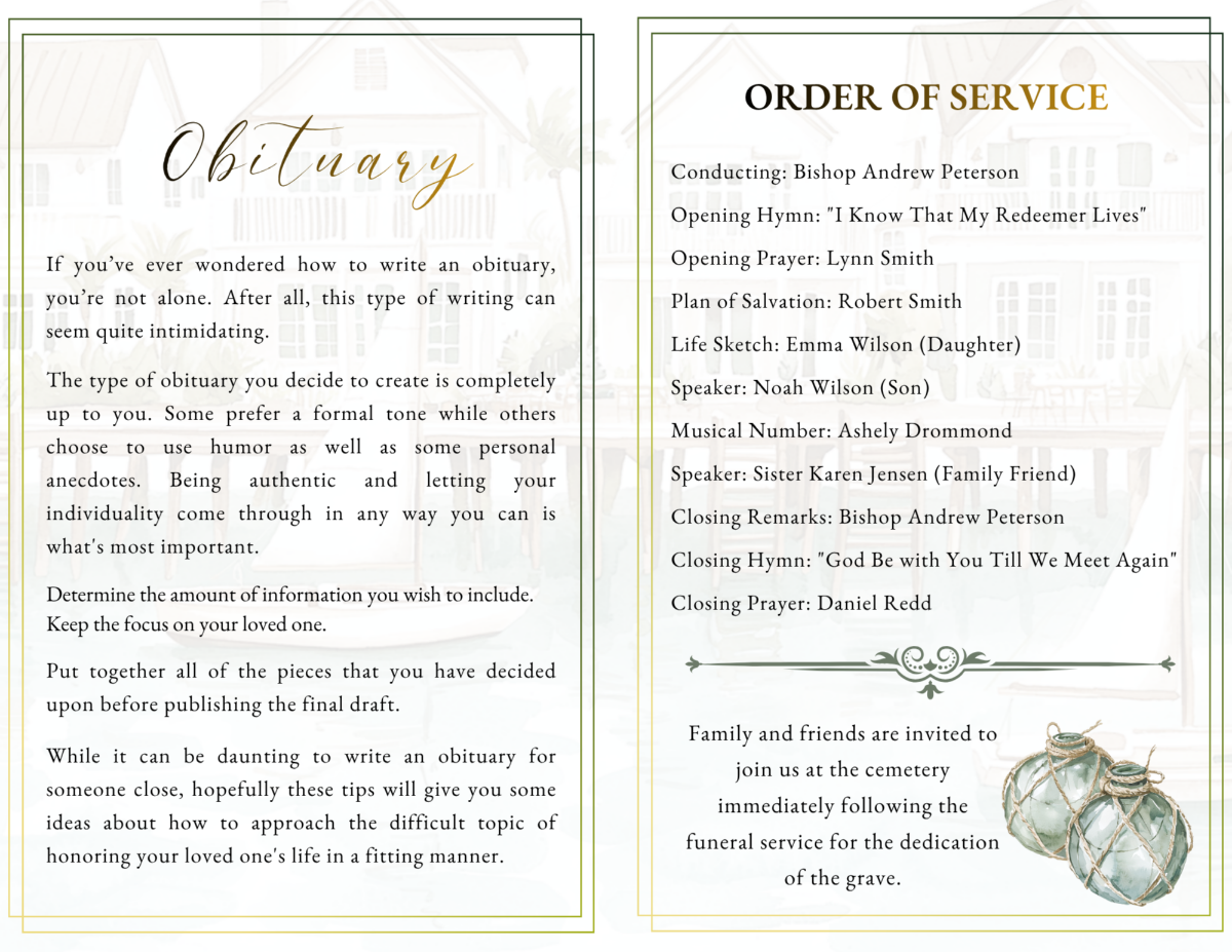Coastal Serenity obituary and order of service pages featuring a peaceful seaside memorial design for sharing life stories, memorial details, scripture readings, musical selections, family tributes, and remembrance ceremonies.