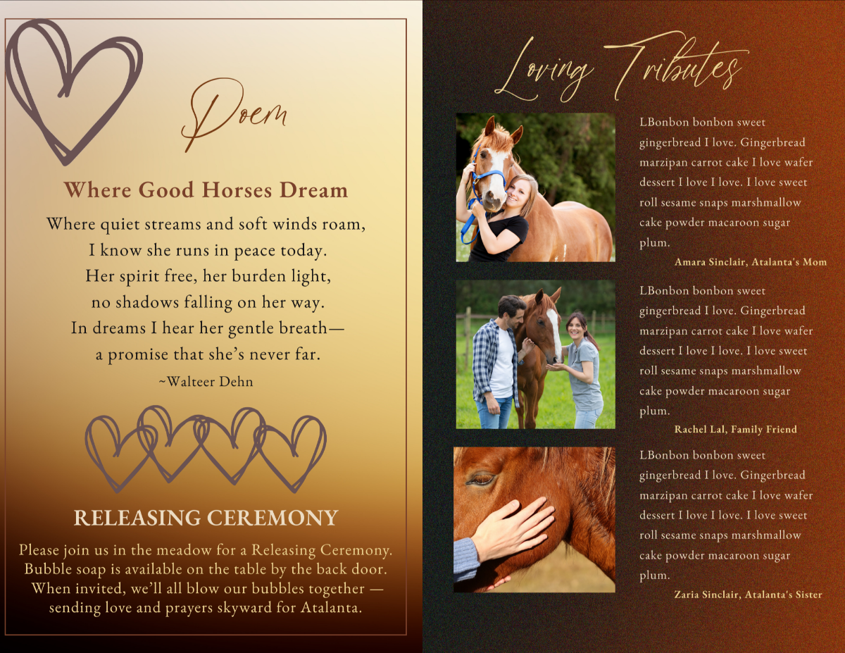 Elegant two-page spread with a featured poem titled “Where Good Horses Dream” on the left, heart accents, and a right-side collage of loving tributes paired with photos of the horse and family members.