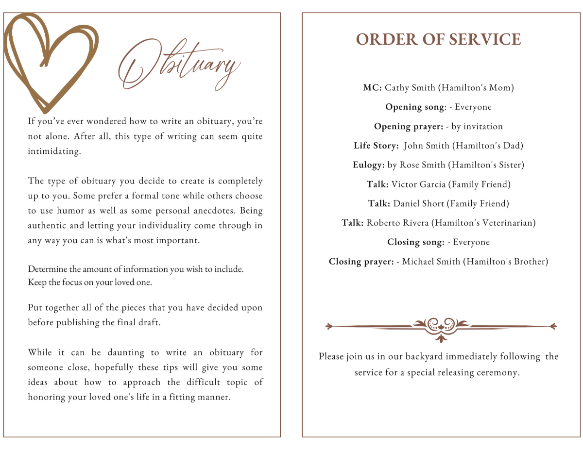 Interior pages with obituary and order of service surrounded by delicate heart and pawprint accents.