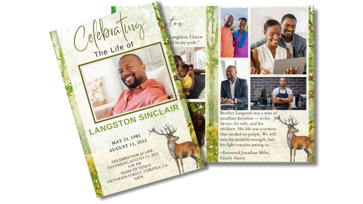 Front cover and interior photo collage pages of The Great Outdoors Forest Funeral Program featuring watercolor green trees, memorial photo, and earthy woodland design.