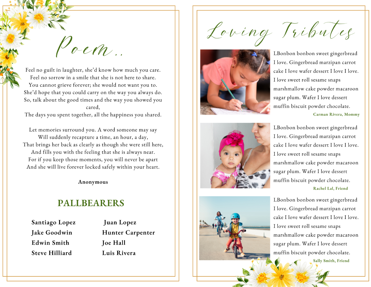 Poem and tribute pages with children’s photos and yellow-white daisy design.
