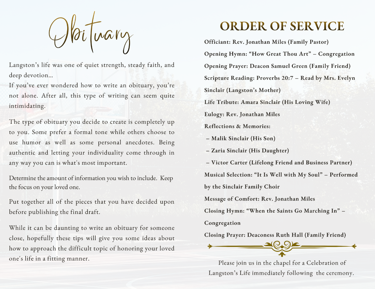 Interior pages showing obituary content and order of service, styled with strong, clean lines and easy-to-read formatting.