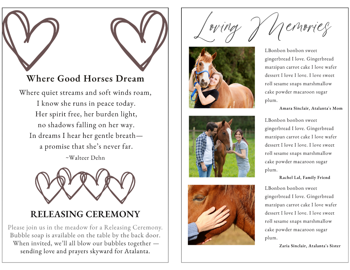Poem and tribute pages with elegant formatting and soft earthy tones designed to honor a beloved horse with warmth and dignity.