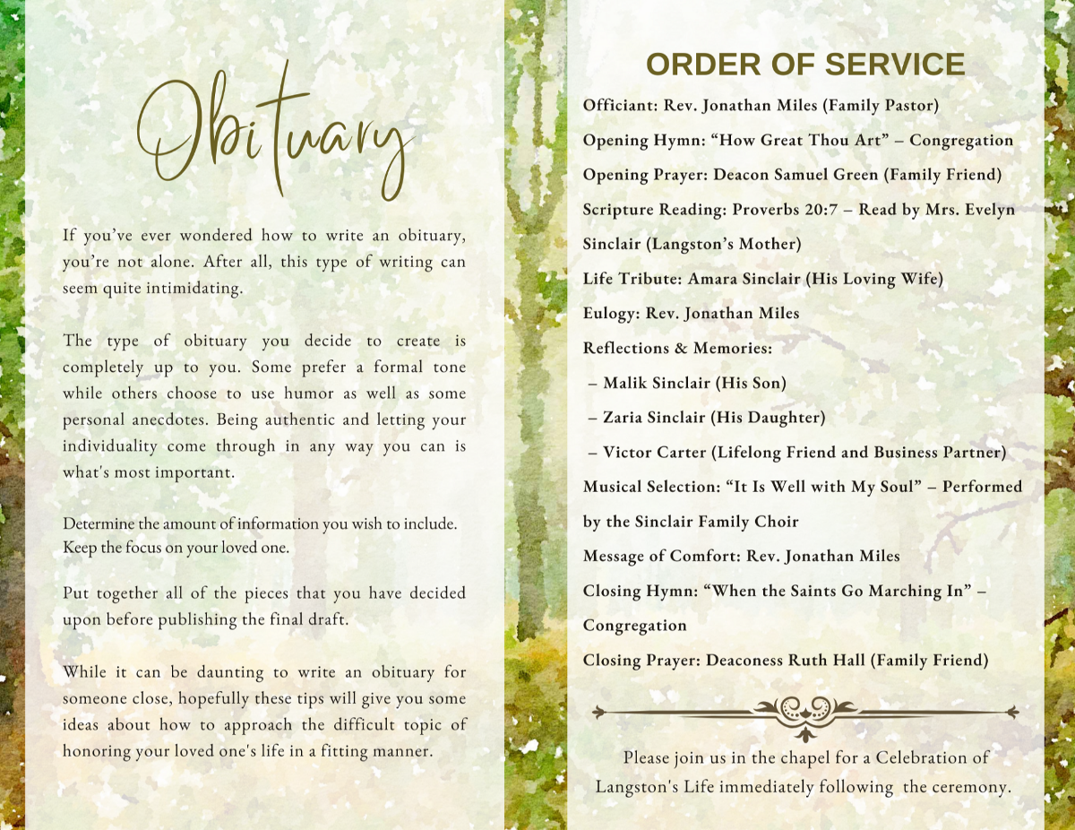 Obituary and order of service pages with woodland artwork and green watercolor background.