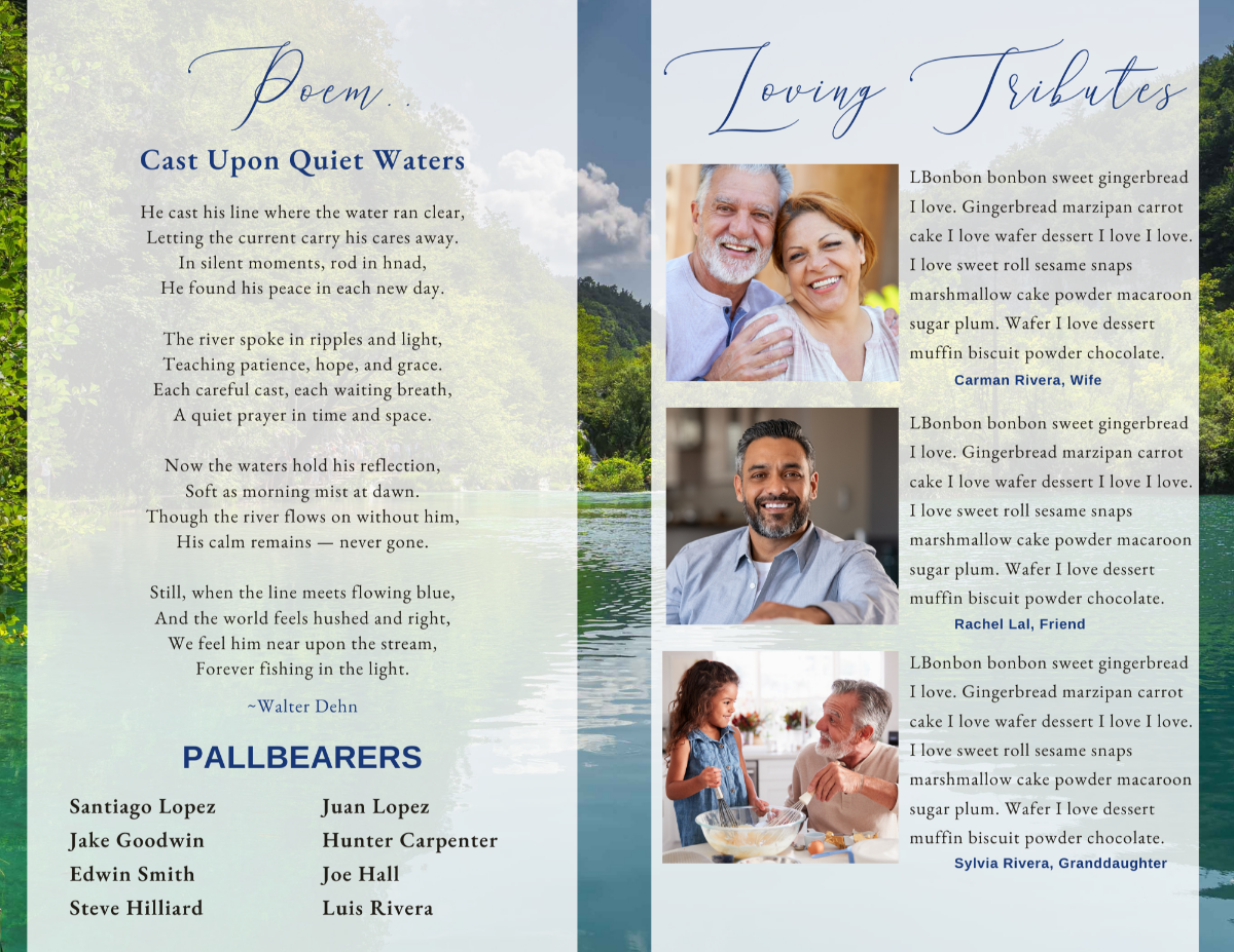 Interior pages with tribute, lake imagery, and boat-fishing theme photo layout.