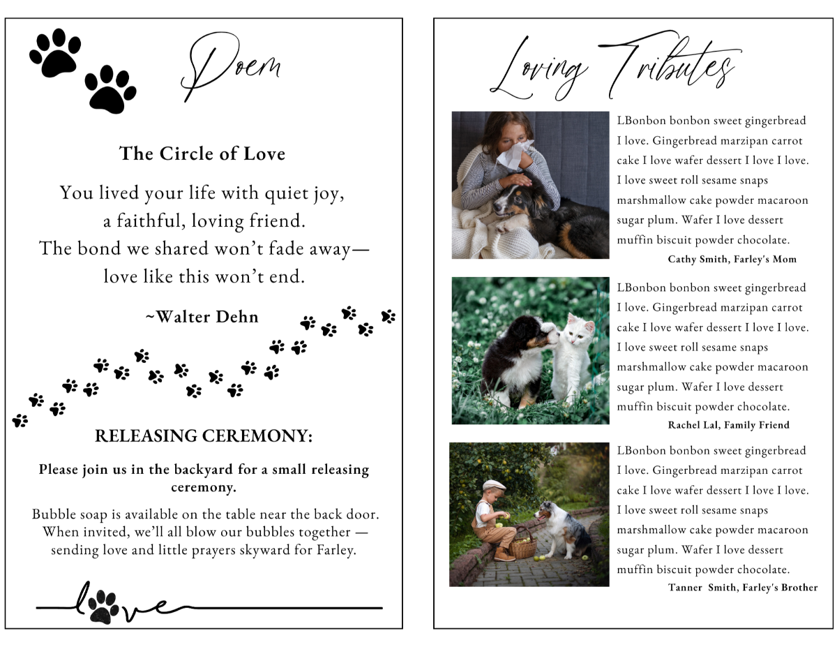 Simply Faithful memorial poem and loving tributes pages featuring heartfelt pet remembrance poetry, family reflections, cherished memories, and special messages honoring a faithful canine companion.