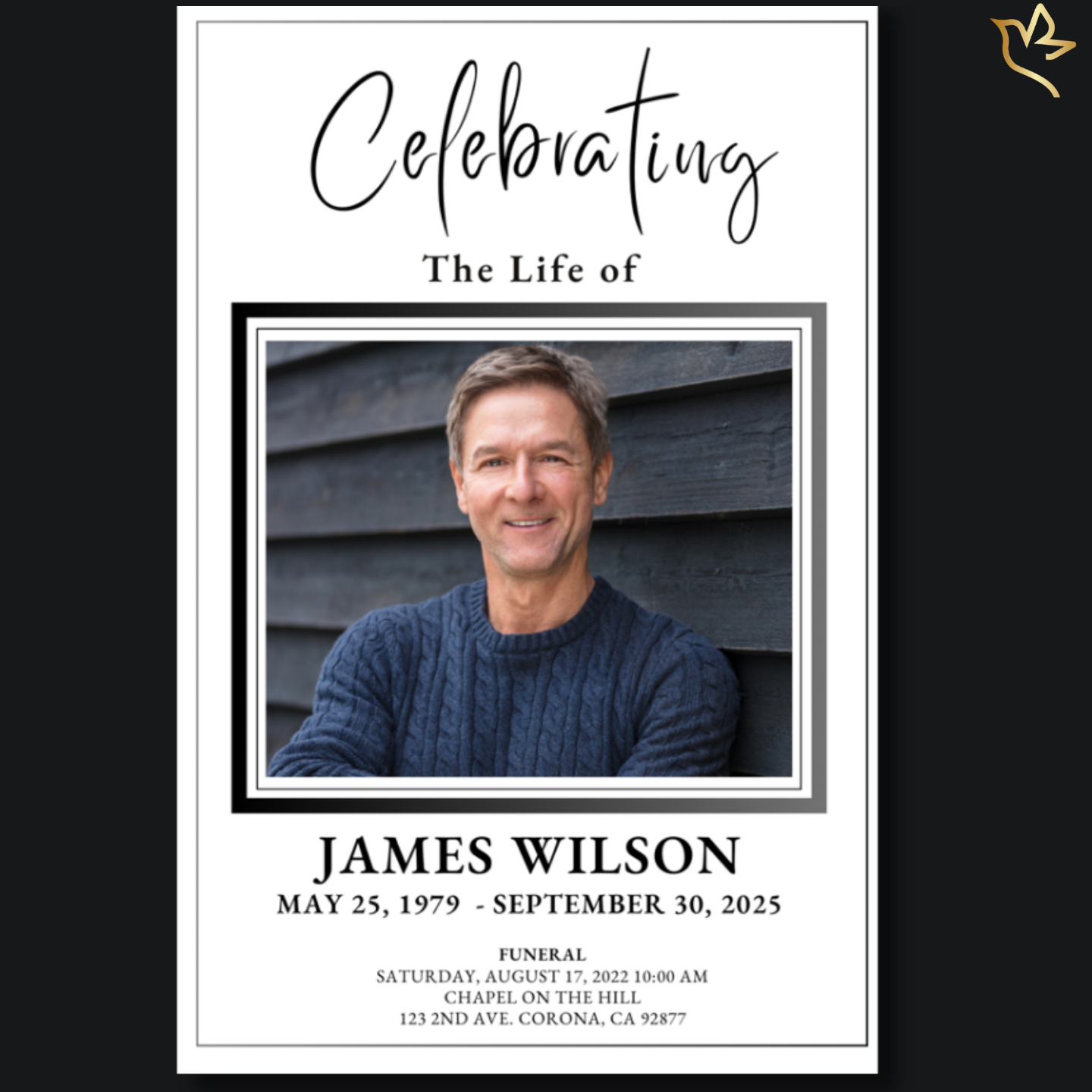 Simple Honor men's funeral program template featuring a clean black-and-white design, elegant typography, framed portrait layout, and timeless memorial styling for celebrating the life of a beloved husband, father, grandfather, or friend.