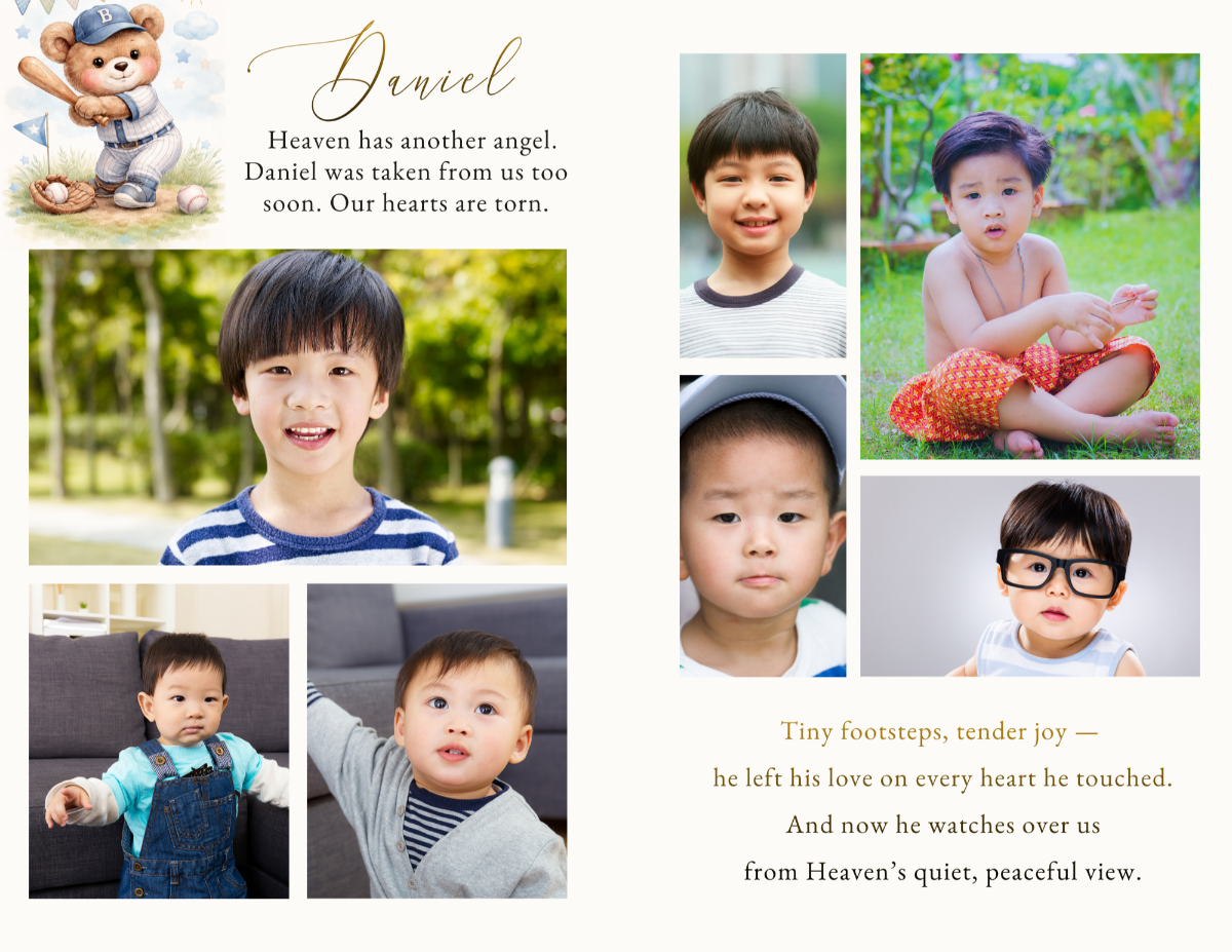 Photo collage and loving memories pages preserving joyful childhood moments, playful smiles, family love, and the gentle memory of a cherished young life.