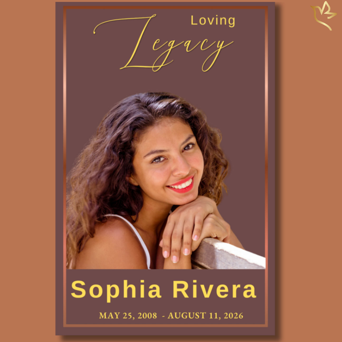 Elegant teen girl funeral program featuring warm rose-brown backgrounds, soft gold typography, and a beautiful portrait layout designed to celebrate a young woman whose life touched many hearts.