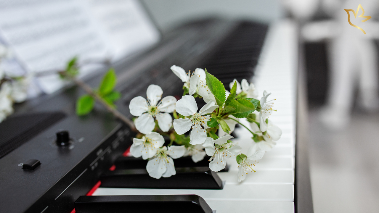 White flowering branches resting across piano keys representing meaningful funeral music for a funeral or memorial service.
