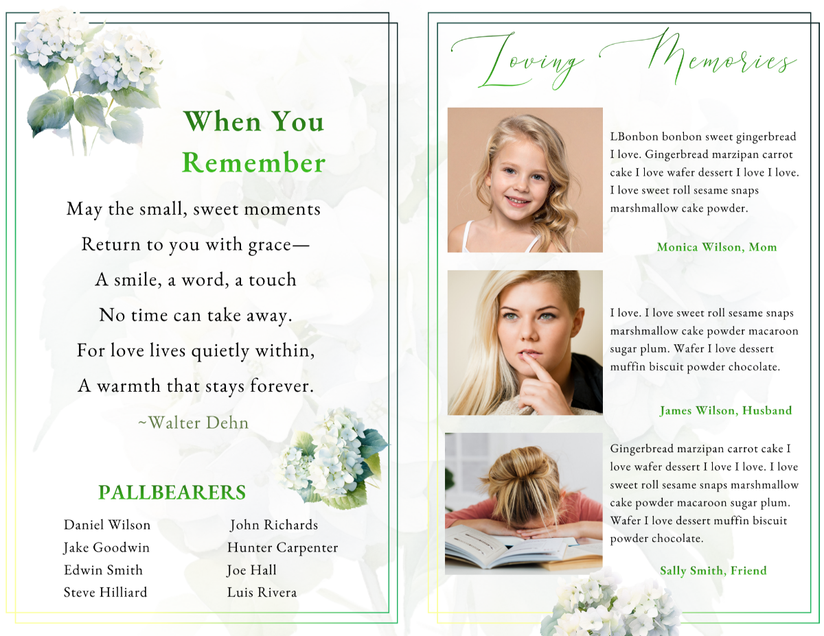 Memorial pages featuring heartfelt poetry, treasured family photographs, loving tributes, pallbearer information, and comforting reflections celebrating faith, family, and enduring love.
