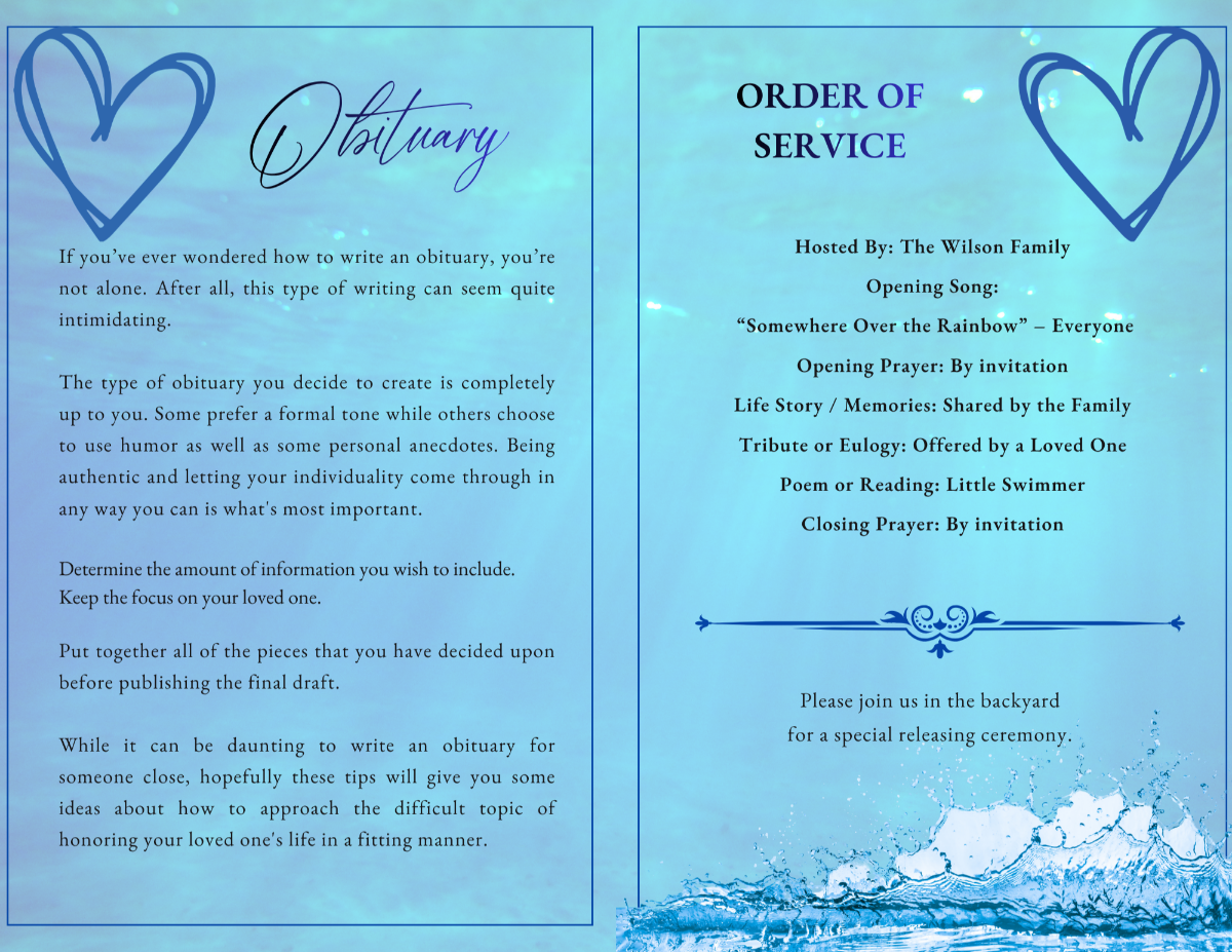 Obituary page with flowing script heading and clean serif body text on a soft blue aquatic background, accented with subtle light textures and calm visual balance.
