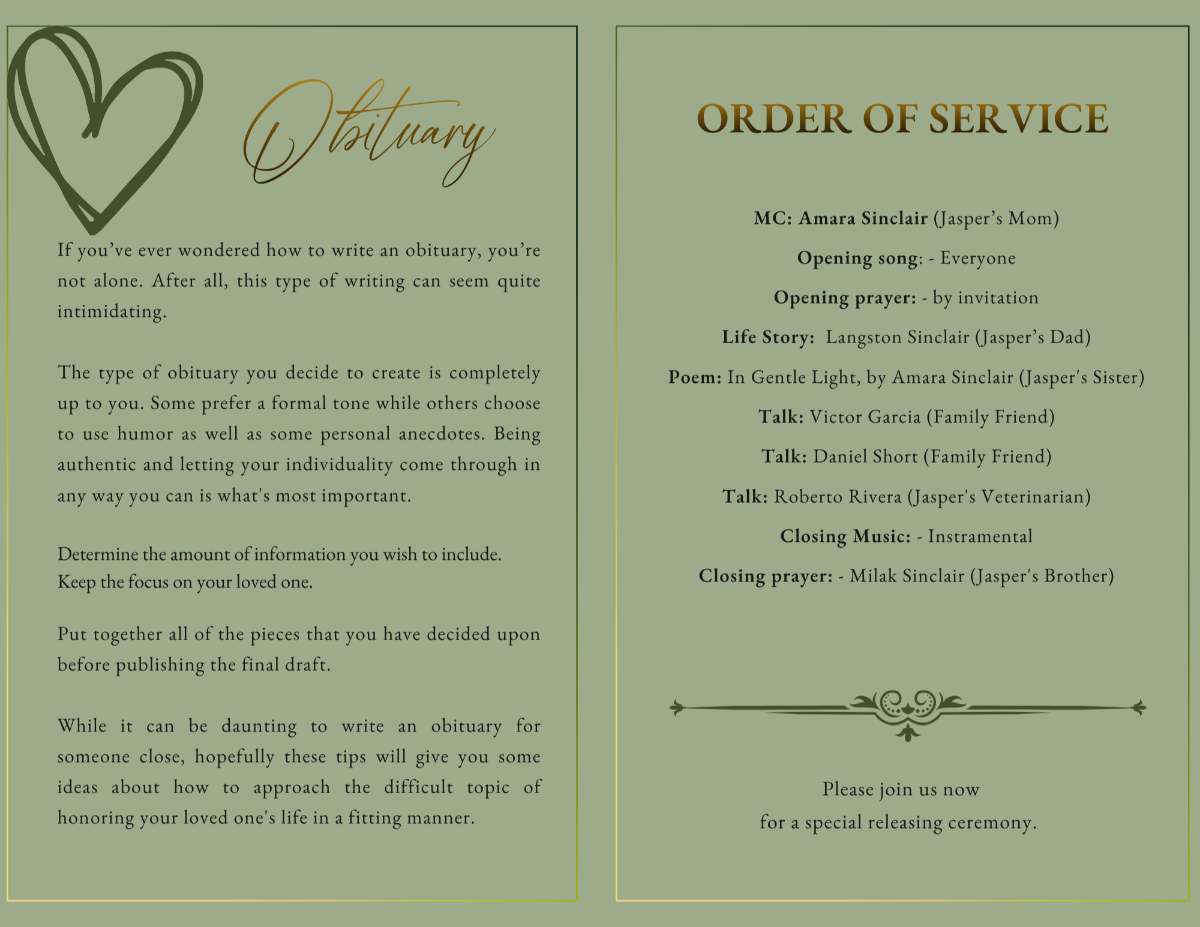 Two-page spread with a clearly structured obituary section and order of service, framed with simple green borders and elegant, readable typography.