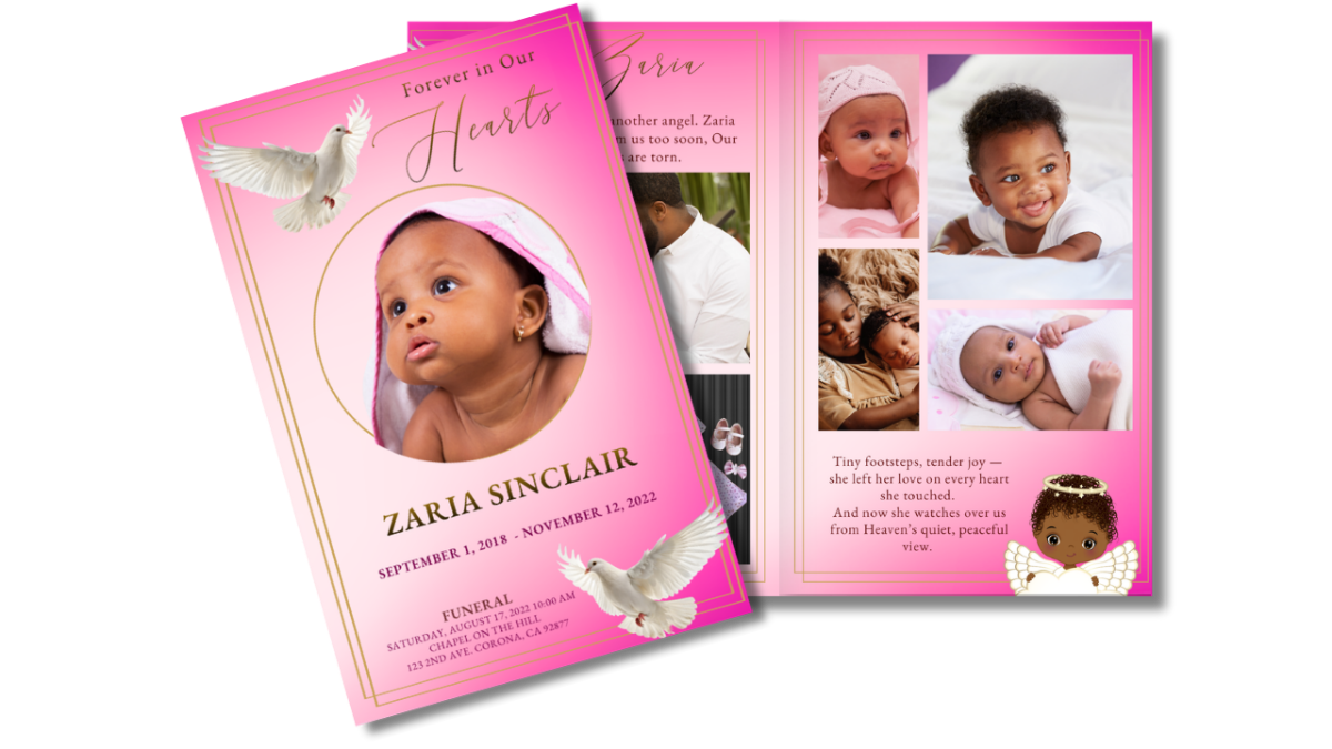 Exterior cover pages showing thank-you message, short poem, and dove artwork on textured soft-pink background.