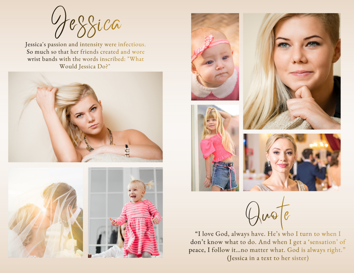 Loving Memories pages featuring portrait photographs and written tributes arranged beside rich red and ivory rose floral designs with gold accents.