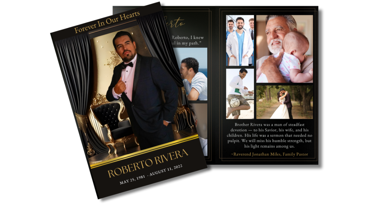 Front cover and open photo collage page with white dove, gold accents, heartfelt family message, poem titled ‘His Steadfast Heart,’ and elegant black-and-gold border.
