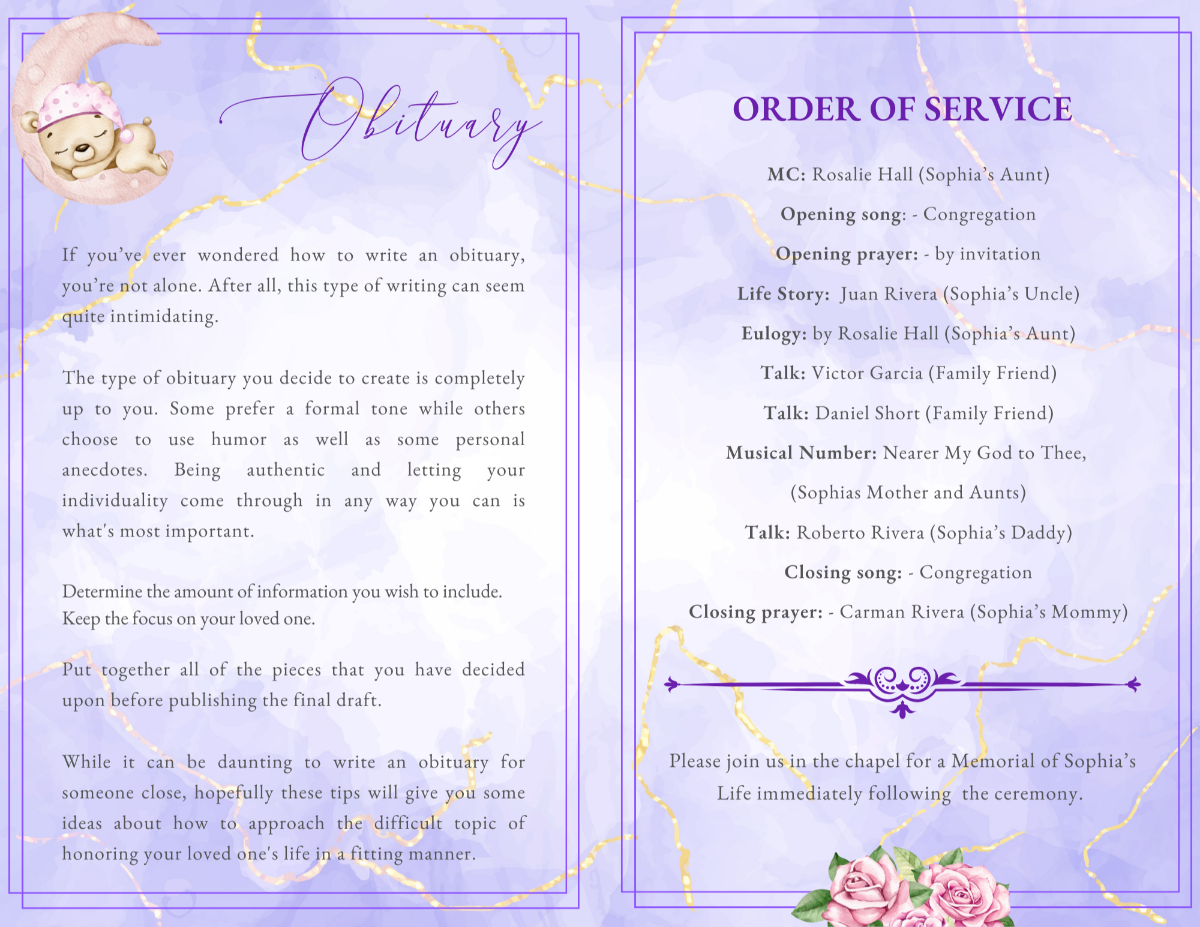 Obituary and order of service layout with clear, readable text sections, soft lavender tones, and gentle decorative accents designed for a dignified child memorial program.