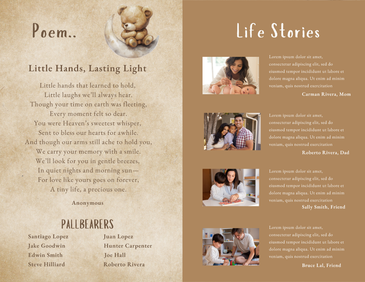 Life stories section with three family photos, short biographies, and accompanying poem page with moon-sitting teddy illustration on gentle textured background.