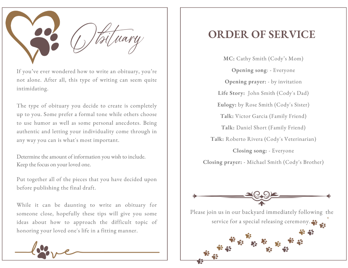 Obituary and order-of-service pages with soft paw-print accents and warm brown borders.