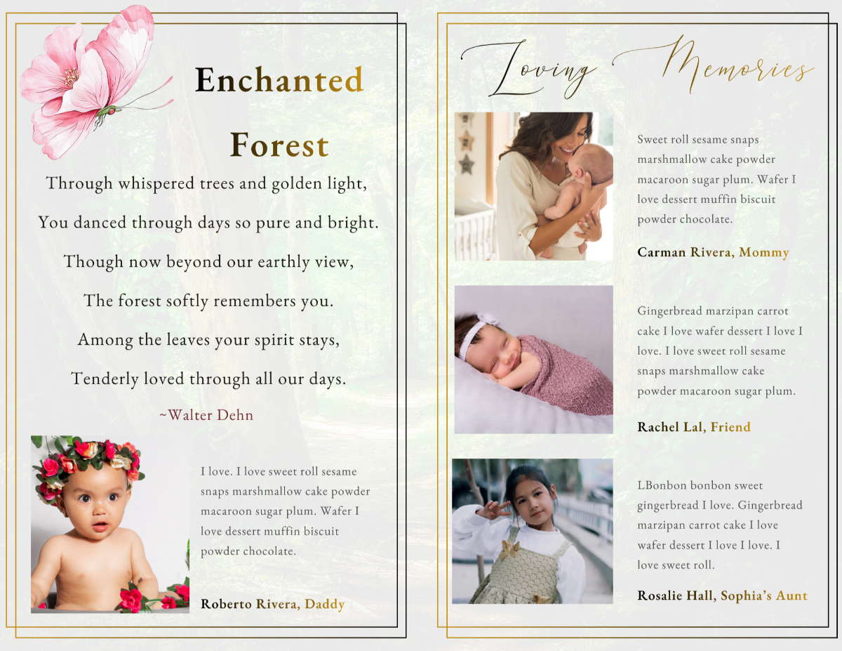 Memorial pages featuring heartfelt poetry, treasured family photographs, loving tributes, and gentle reflections celebrating a precious child’s joyful spirit and beautiful life.