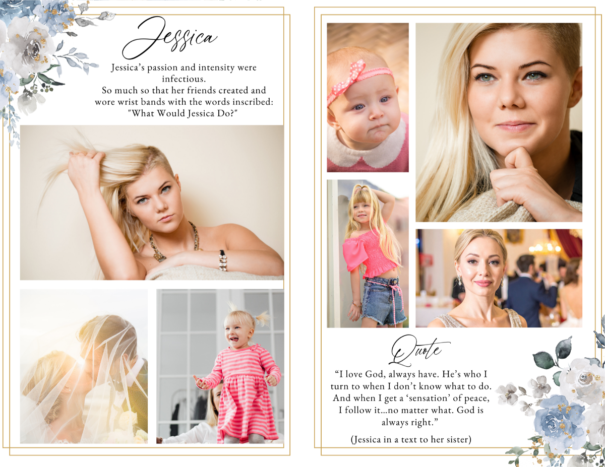 Photo collage pages from Faith and Hope memorial program displaying family moments and gentle floral details.
