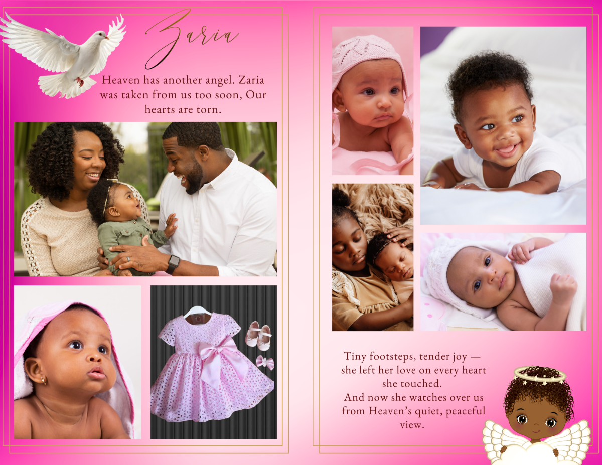 Photo gallery layout displaying multiple child and family images with heavenly doves and graceful pink hues and a quote section beneath.