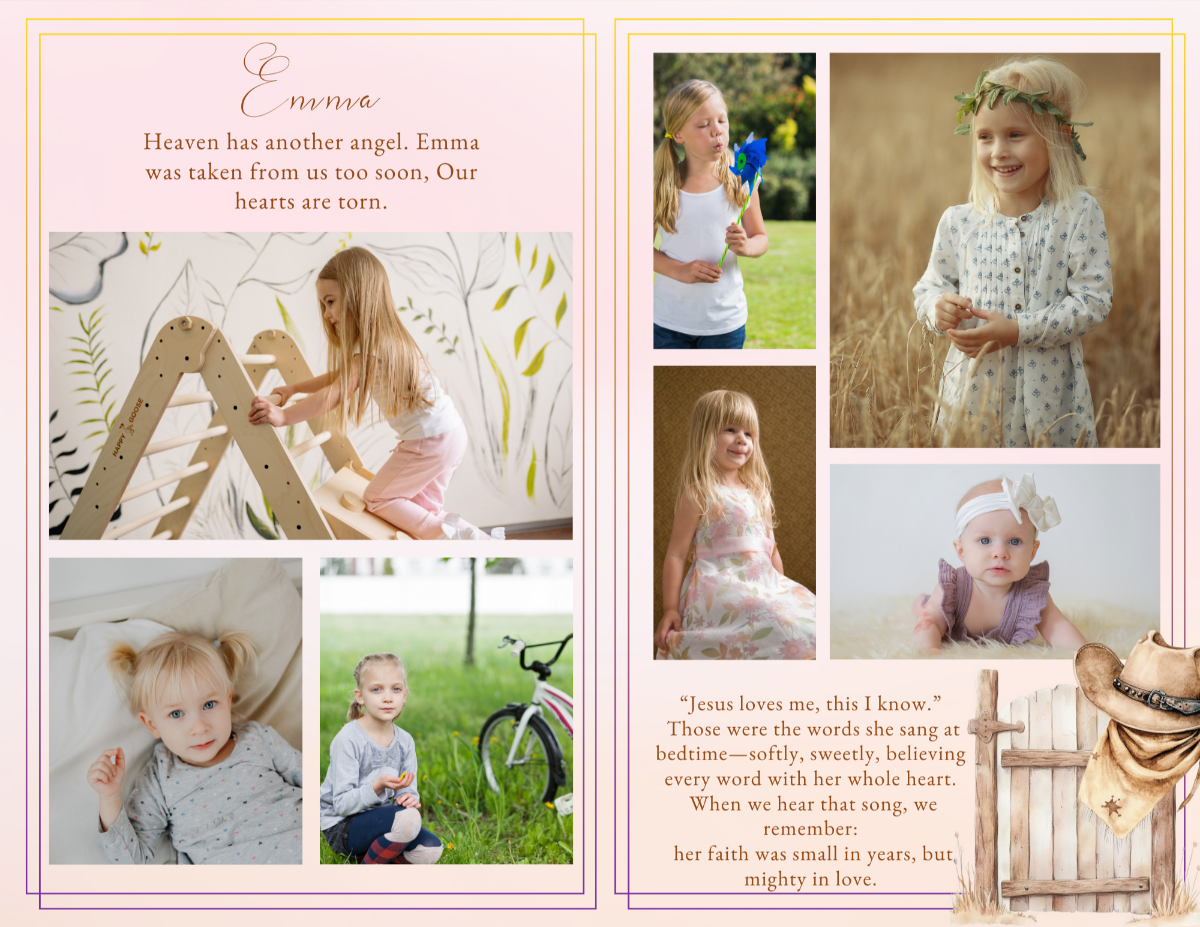 Interior collage pages displaying multiple child photographs in coordinated blush and gold layouts with western decorative elements and space for heartfelt messages.